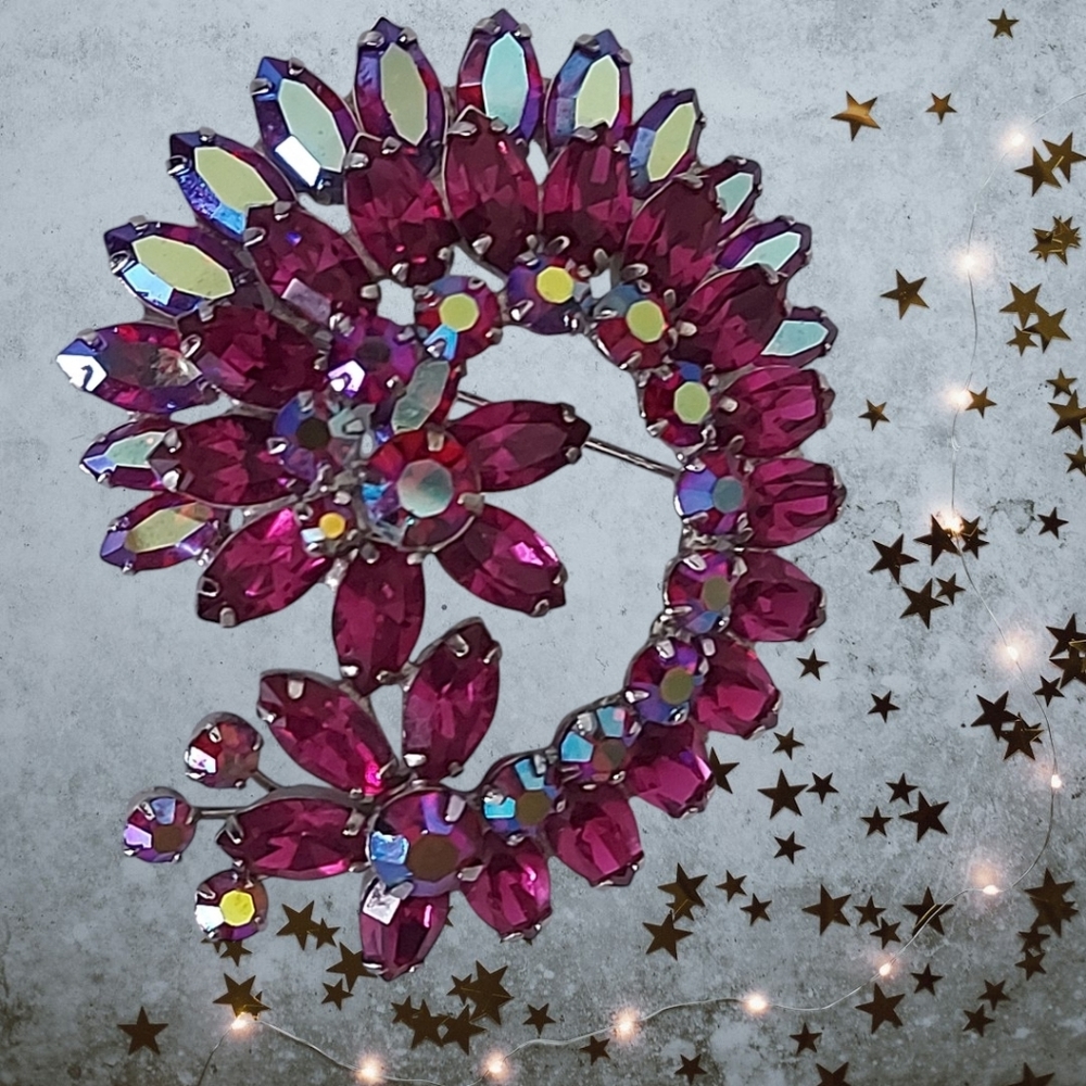 Sherman Fushia Pink and Aurora Borealis Rhinestone Brooch, Rare Sherman Brooch